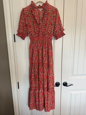 Max Studio Coral Floral Maxi Dress with Ruffles. NWT.  Coral main color.